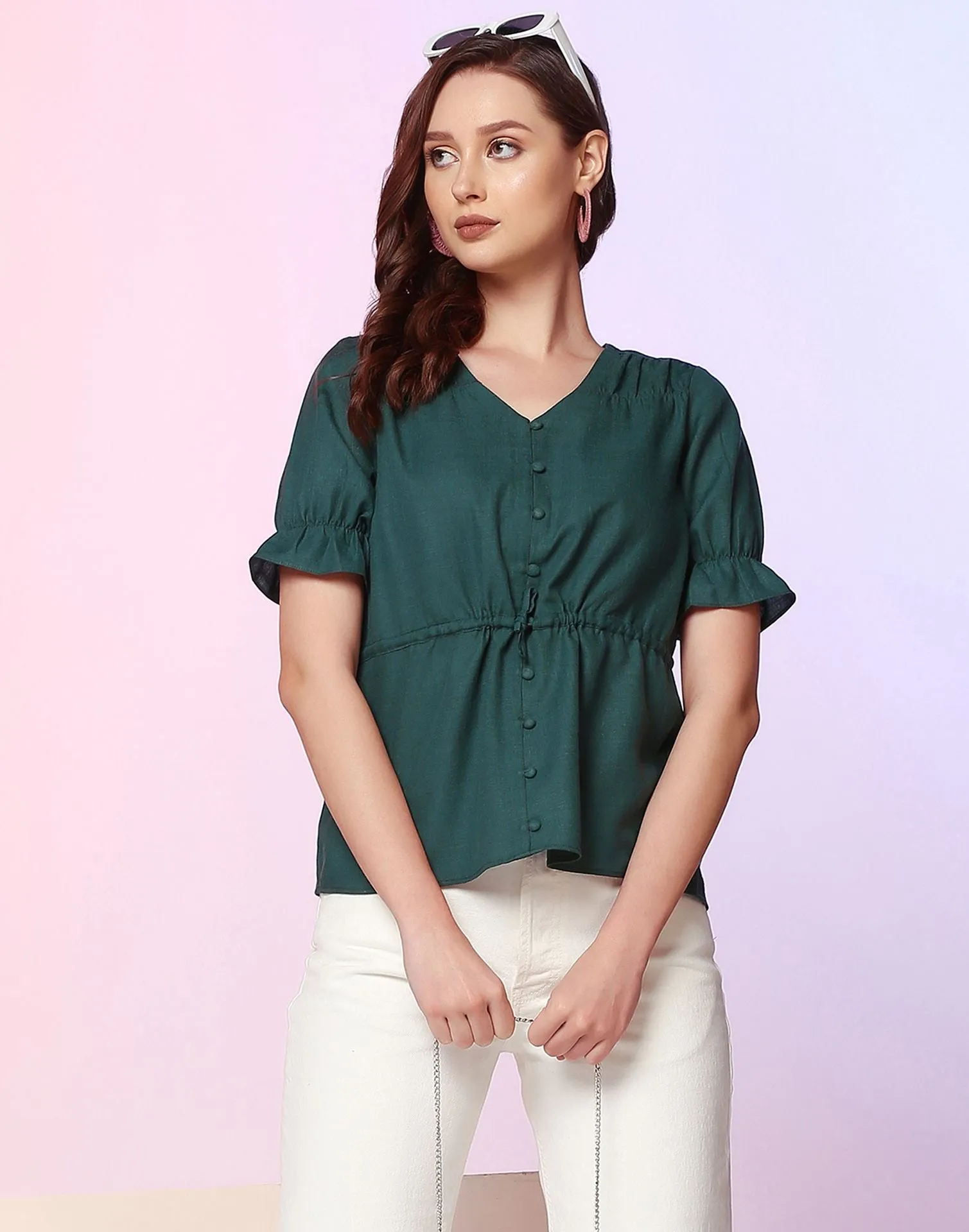 Bottle Green Plain Cotton Tunic Top