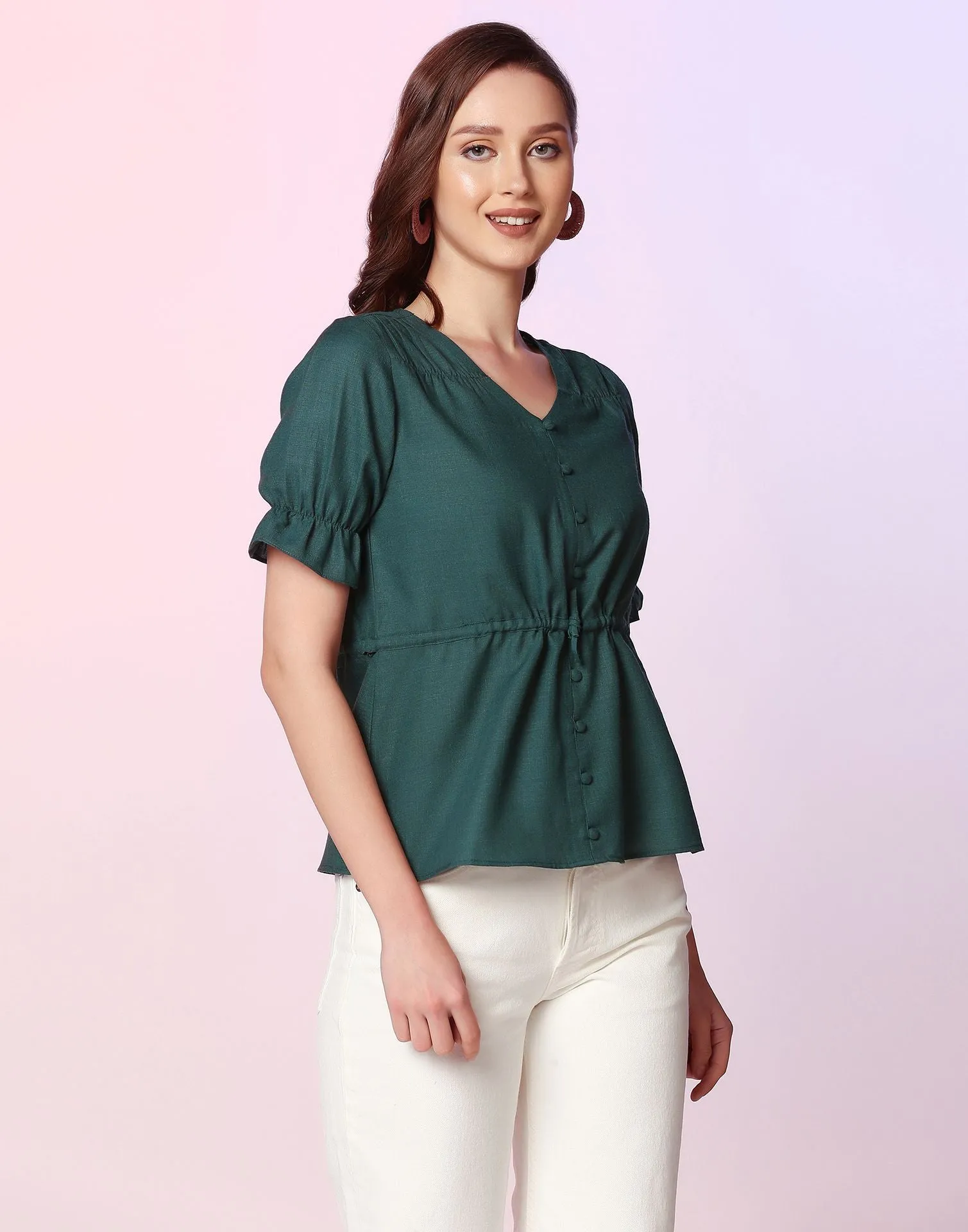 Bottle Green Plain Cotton Tunic Top