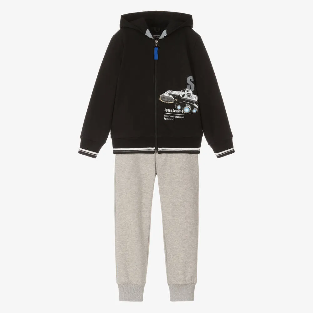 Boys Black & Grey Cotton Space Tracksuit