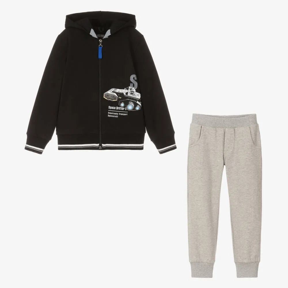 Boys Black & Grey Cotton Space Tracksuit