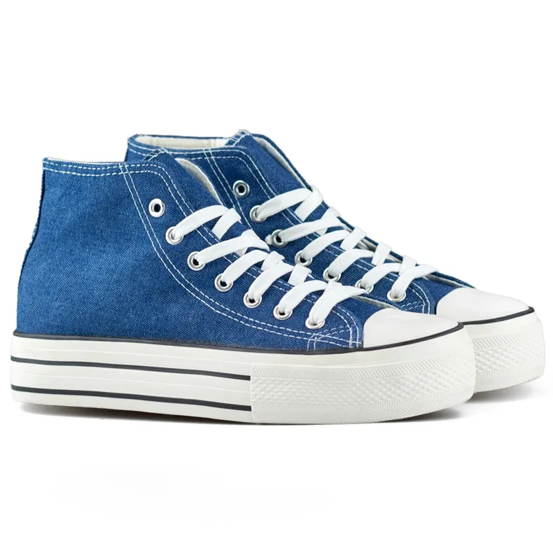 Denim sneakers above the ankle with a thick sole blue