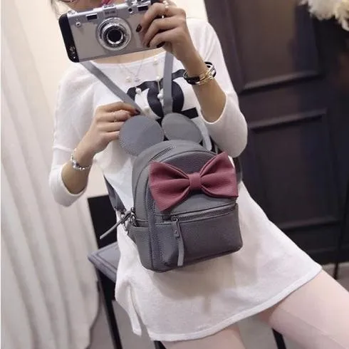 Grey Pink Giant Bow Mouse Ears Mini Backpack Cross Body Bag