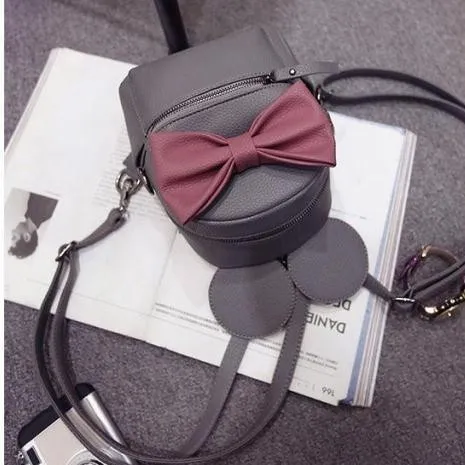 Grey Pink Giant Bow Mouse Ears Mini Backpack Cross Body Bag