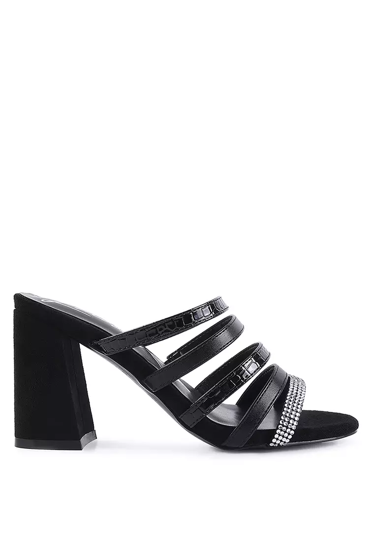 London Rag Black Multi Strap Diamante Detail Sandals