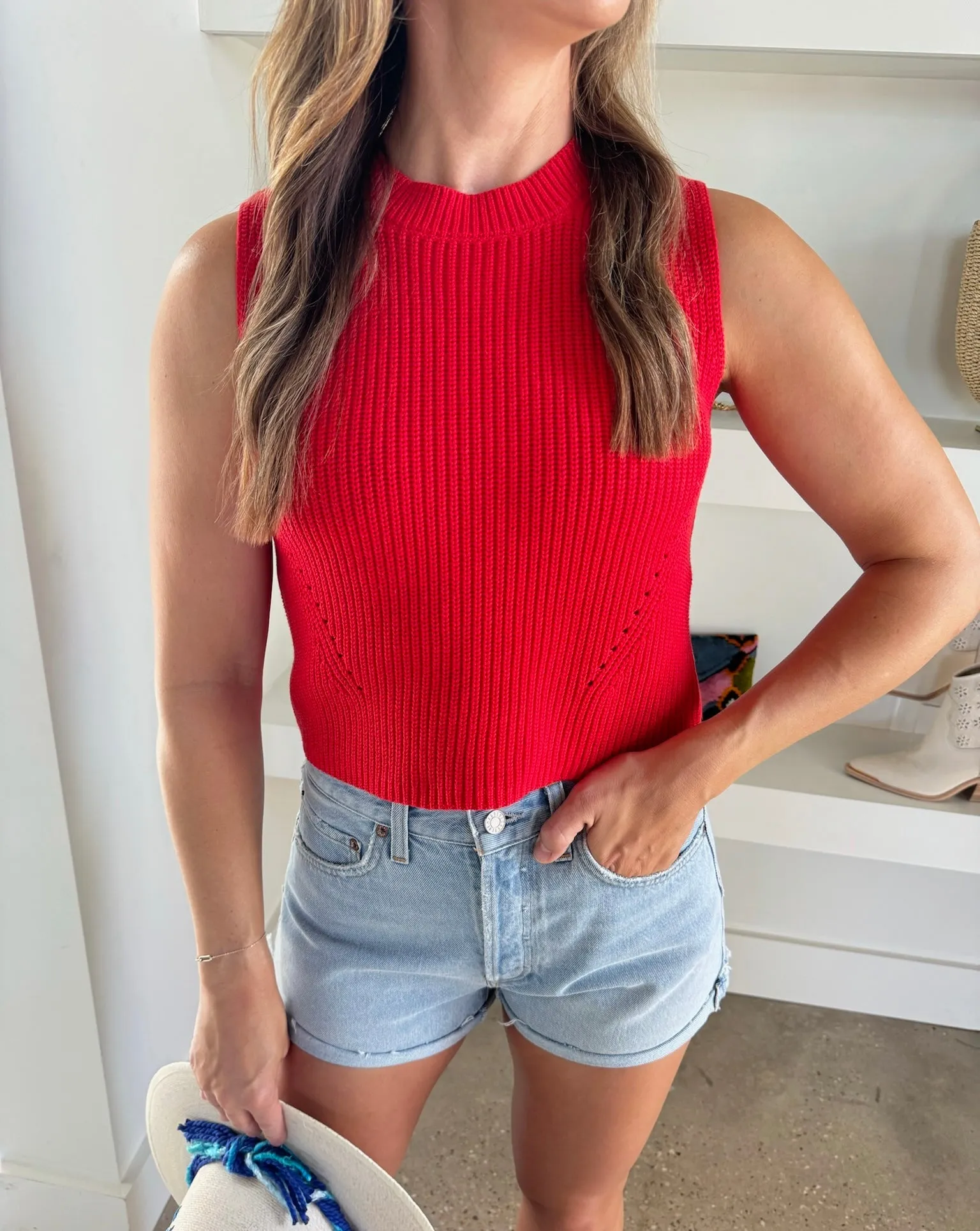 Mars Red Mozart Crew Neck Cropped Sleeveless Vest