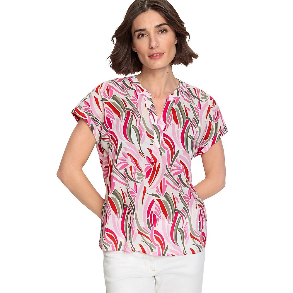 Olsen Floral Short-Sleeve Tunic Blouse