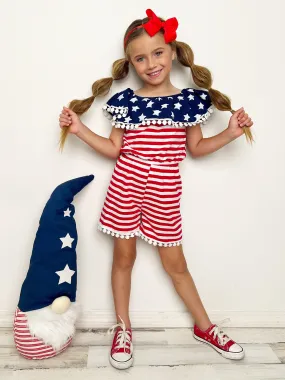 Patriotic Pom Pom Striped Romper