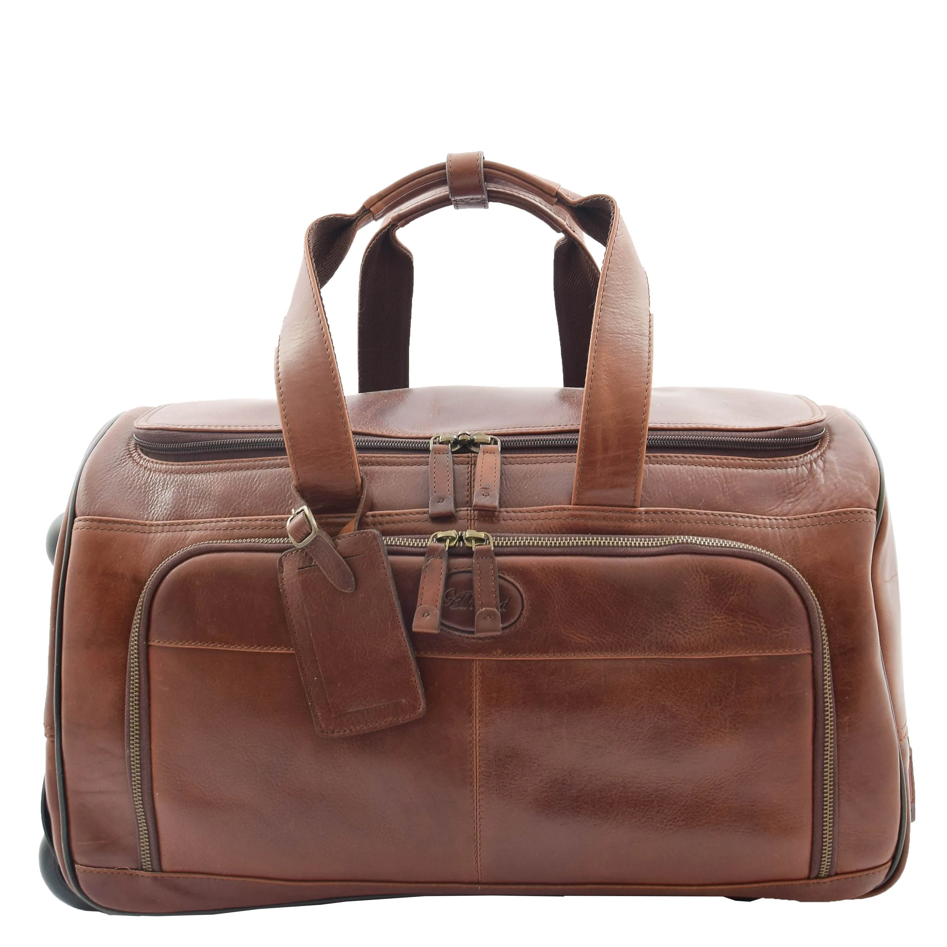 Real Leather Wheeled Holdall Duffle Bag Combrew Brown