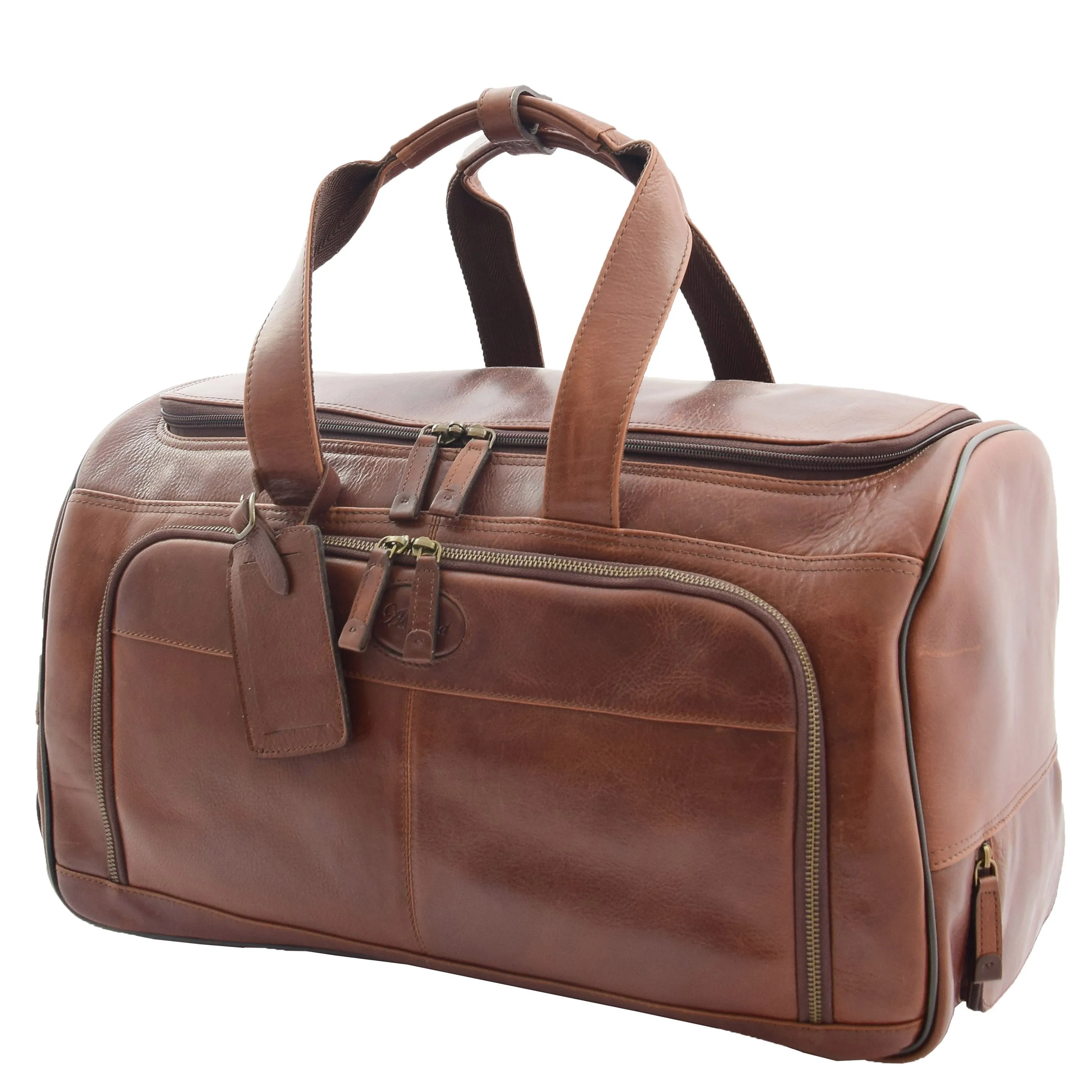 Real Leather Wheeled Holdall Duffle Bag Combrew Brown