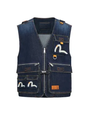 Seagull Embroidered Multi-pocket Denim Vest