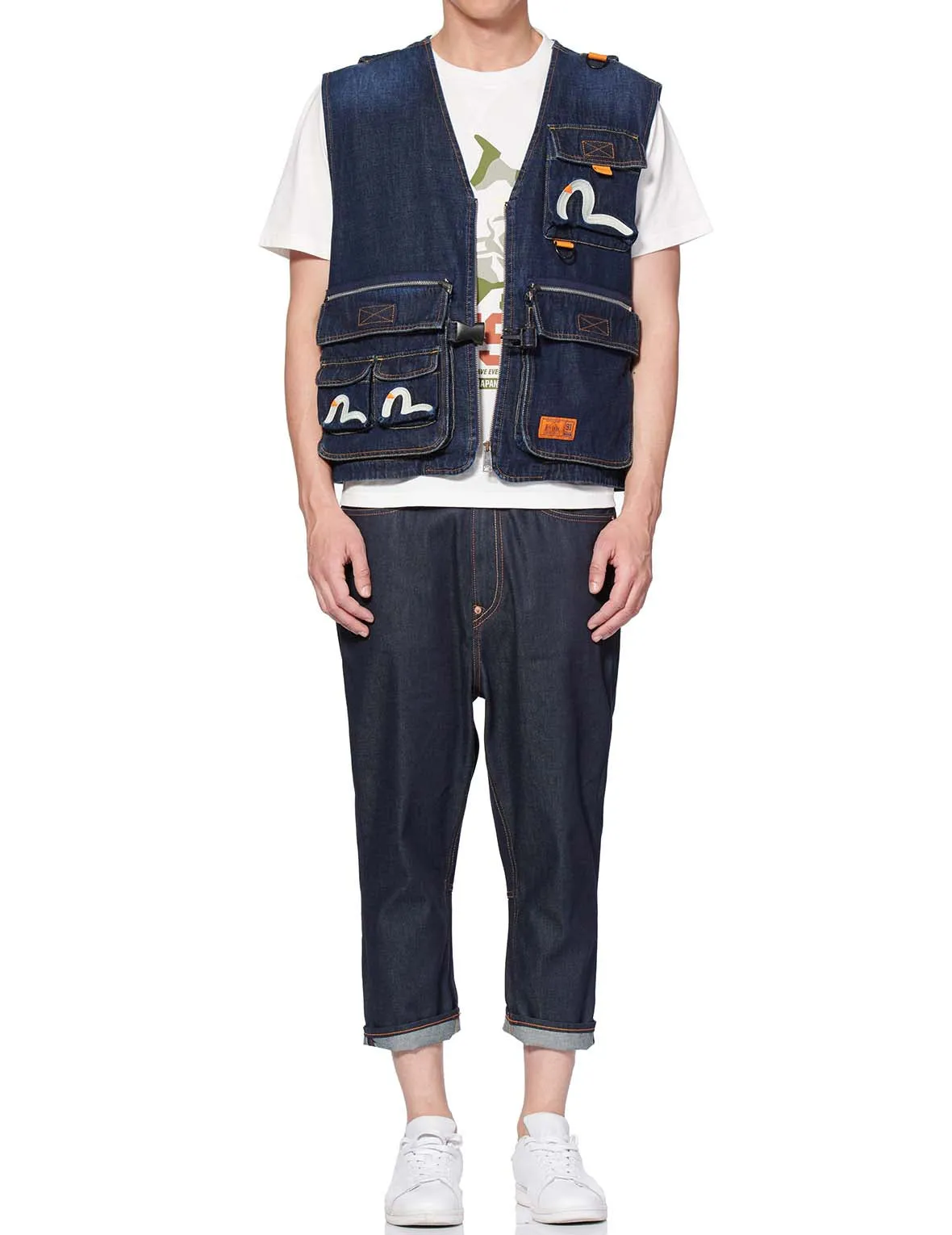 Seagull Embroidered Multi-pocket Denim Vest