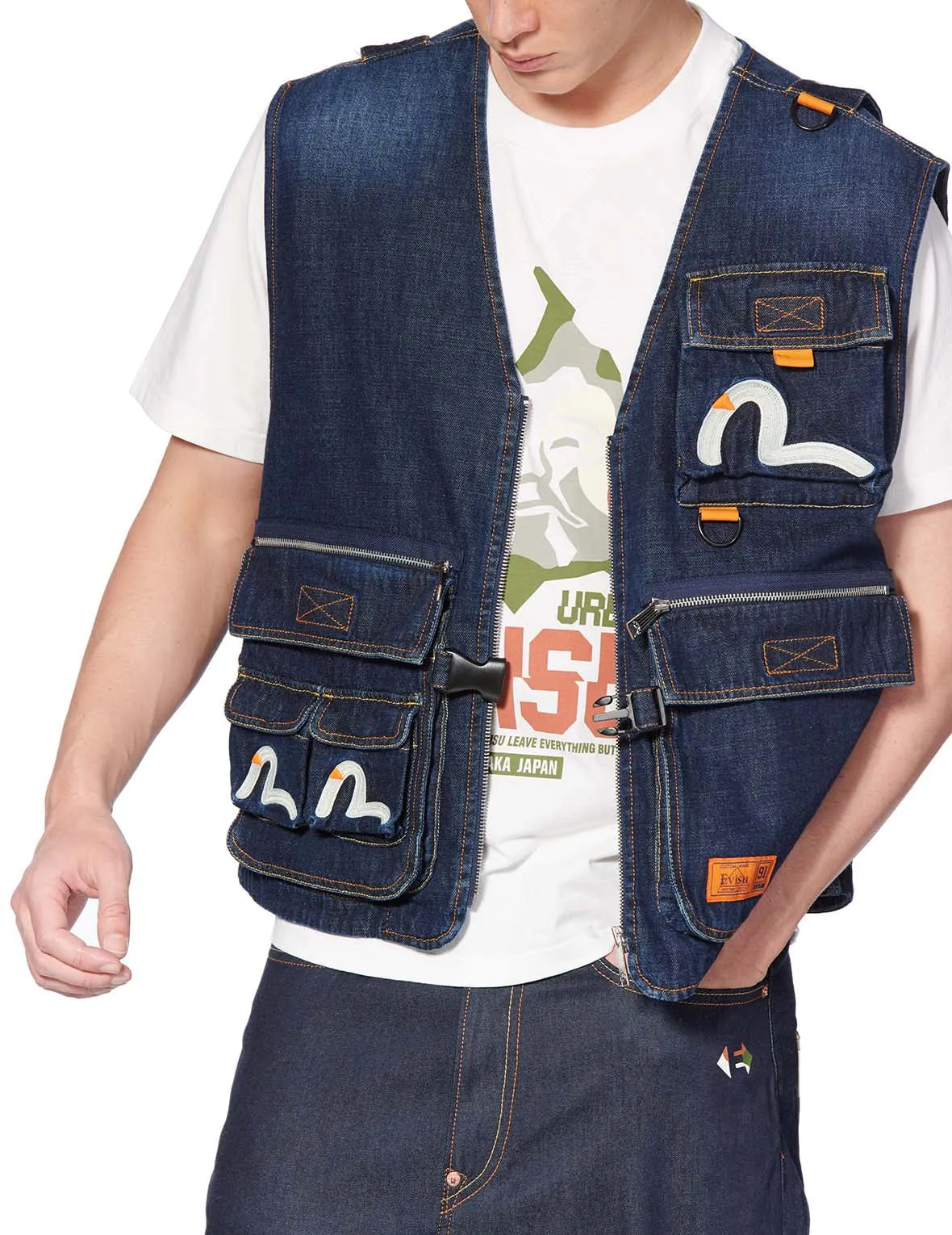 Seagull Embroidered Multi-pocket Denim Vest