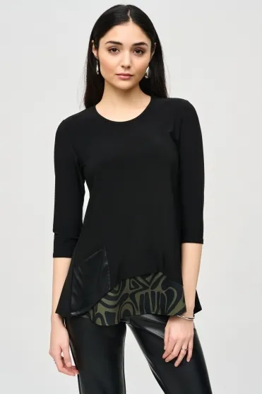 Silky Knit Tunic With Abstract Print Layer - Black/Green - 243123-3734