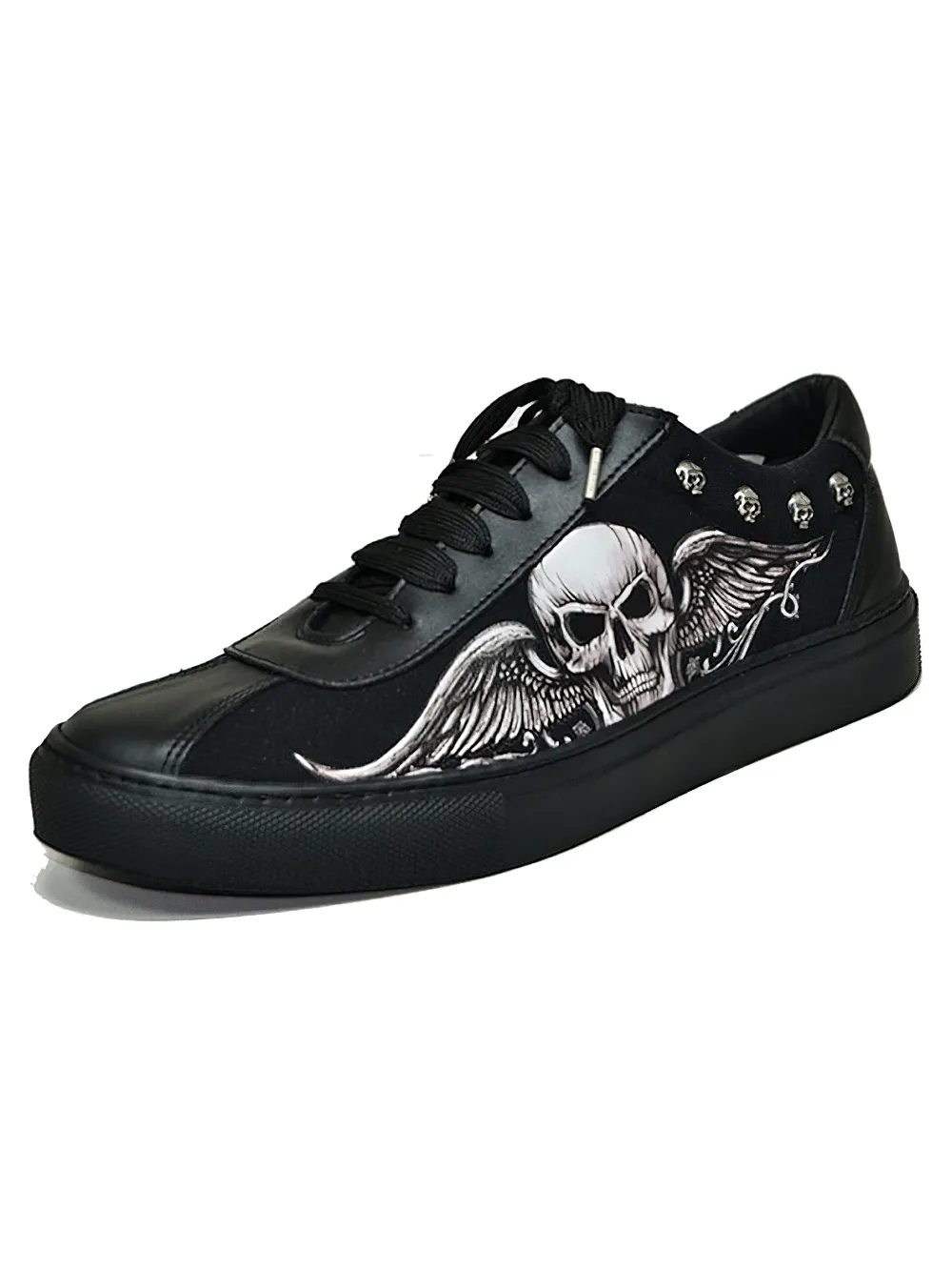 Skull and Wings Black Canvas Sneakers with Rubber Sole