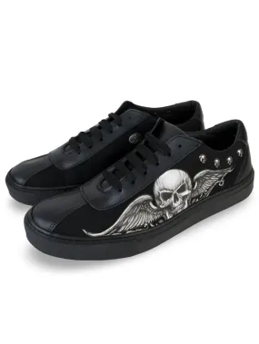 Skull and Wings Black Canvas Sneakers with Rubber Sole