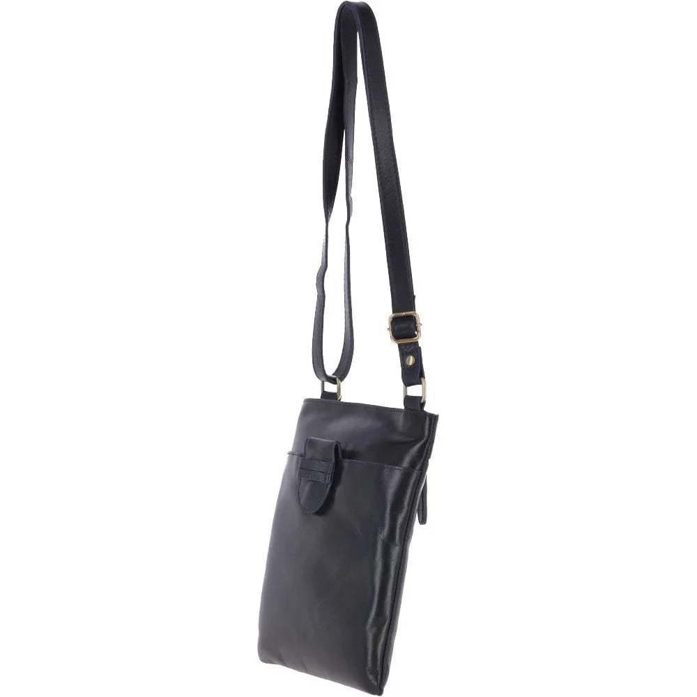 Small Zip Top Vegetable Tanned Leather Cross Body Bag Navy : V-20