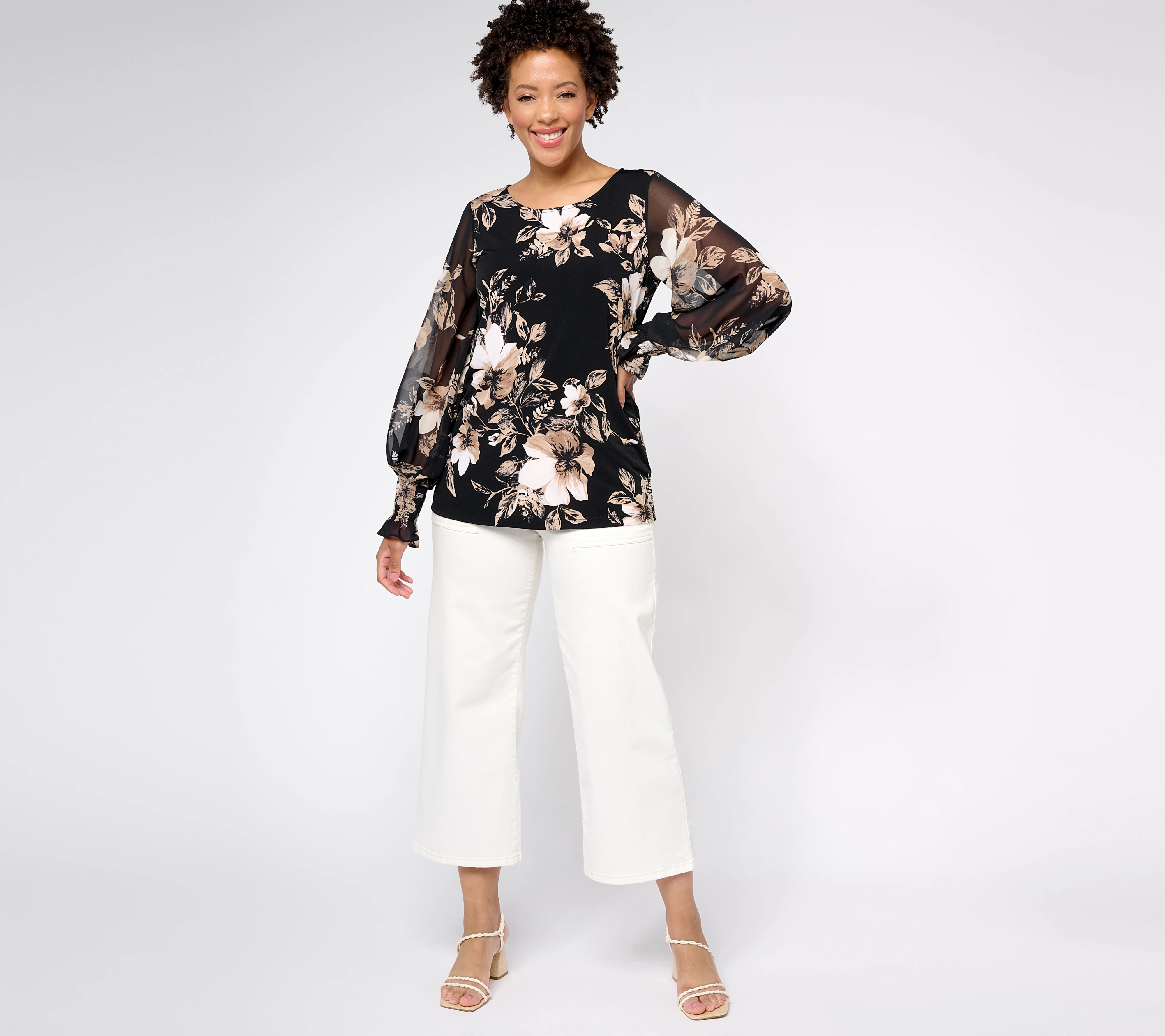 Susan Graver Petite Printed Liquid Knit Tunic with Chiffon Sleeves