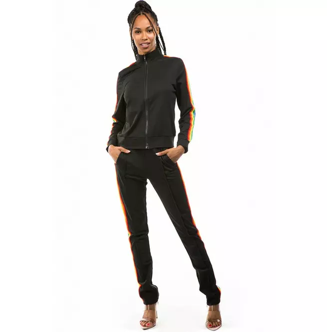 Women's Black Zipper Tracksuit With Colorful Straps