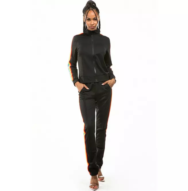 Women's Black Zipper Tracksuit With Colorful Straps