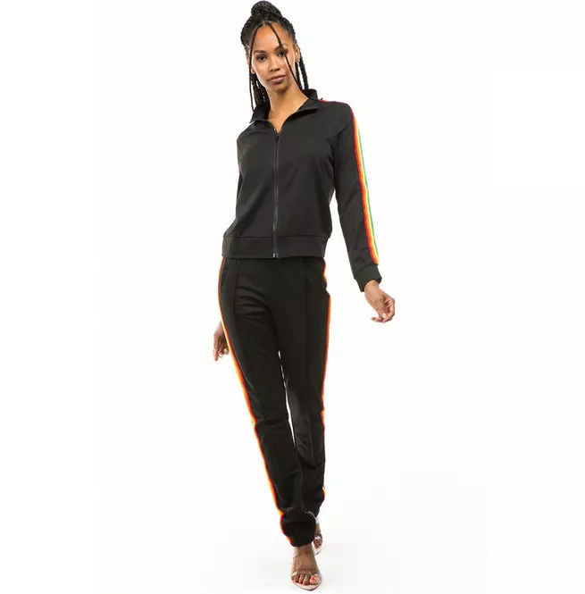 Women's Black Zipper Tracksuit With Colorful Straps